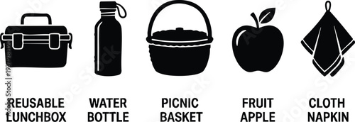 Minimalist black silhouette icons set featuring reusable lunchbox water bottle picnic basket apple and cloth napkin for eco friendly lifestyle and outdoor dining vector art
