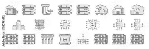 AI GPU cluster and server rack icons – Perfect for machine learning infrastructure, tech blogs, or data center graphics.