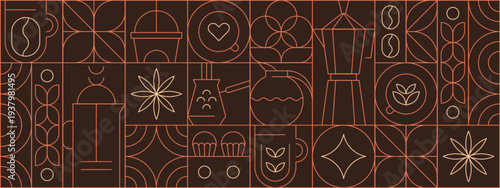 Abstract geometric coffee pattern in minimalist style. Vector seamless background with hand drawn line art beans, drink cups, hot teapot, plant leaves, muffins, bauhaus outline elements for cafe menu