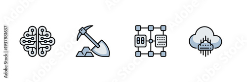 Minimalist circuit brain and cloud processing icons – Suitable for deep learning research, tech documentation, or AI hardware.