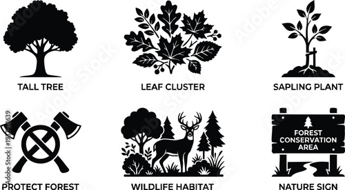 Black silhouette set of nature icons including tall tree leaf cluster sapling plant crossed axes wildlife habitat and forest conservation sign in vector style