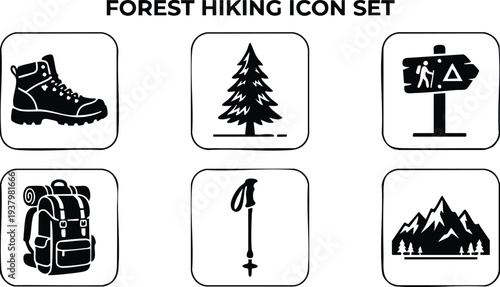 Minimalist black hiking boot pine tree trail sign backpack trekking pole mountain landscape flat icon set for forest outdoor adventure and navigation theme