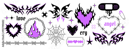 Y2k gothic tattoo set. Neo tribal elements, goth butterfly sticker, flaming heart, barbed wire, blade, s spider web and punk rock chains. Hand drawn neotribal cyber sigilism icons in trendy emo style
