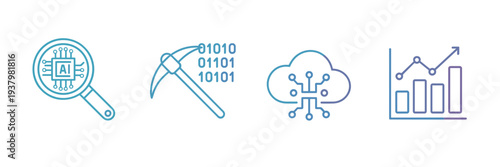Gradient AI research and data mining icons – Ideal for machine learning apps, laboratory tech, or modern UI.
