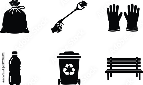Vector icons set featuring trash bag hand holding picker gloves plastic bottle recycle bin and park bench in simple black silhouette style clean design