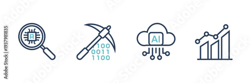 AI research assistant and data mining icons – Perfect for analytical tools, search engines, or science media.