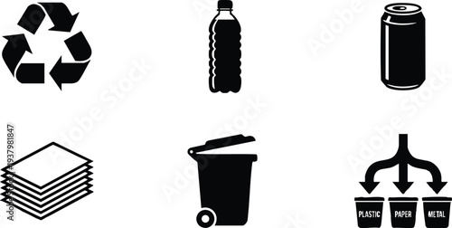 Minimalist black recycling icons set with plastic bottle aluminum can paper stack trash bin and waste sorting illustration on white background