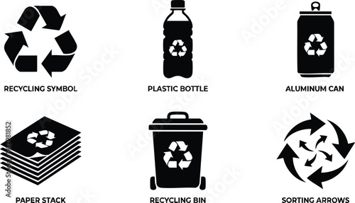Flat design black recycling icons set including recycling symbol plastic bottle aluminum can paper stack recycling bin and sorting arrows in minimal style