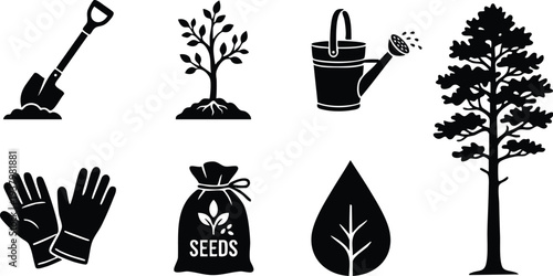 Black silhouette gardening tools and symbols including shovel digging soil young plant growing watering can gloves seed bag leaf and full tree vector icons set