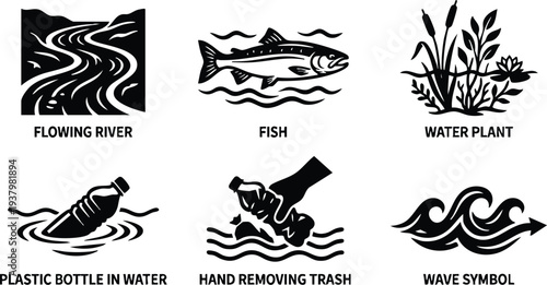 Black and white vector icons showing flowing river fish water plants plastic bottle floating and hand removing trash with wave symbols in bold graphic style