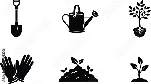 Black garden tool icons including shovel hands gloves watering can young plant seedling sprouting in soil isolated on white background simple flat vector symbols