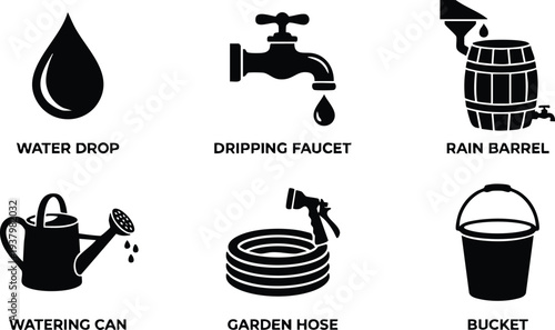 Black silhouette icons set including water drop dripping faucet rain barrel watering can coiled garden hose and empty bucket vector illustration