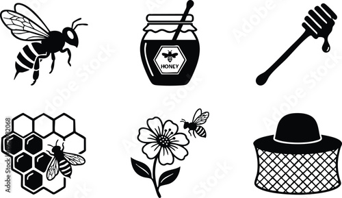 Black silhouette vector icons of flying bee honey jar with spoon dripping honey honeycomb hexagonal cells bee collecting nectar on flower and beekeeping hat equipment