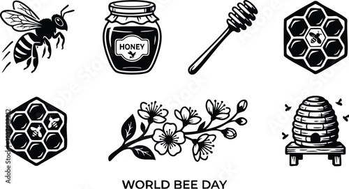 Black and white vector art of bee and honey jar with wooden dipper honeycomb flowers and beehive icon set illustrating world bee day celebration