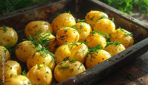 Steaming roasted baby potatoes garnished with dill sprigs on a dark, rustic baking tray, lit with warm light