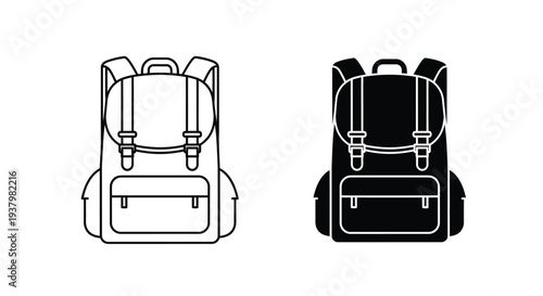 Line art illustration of two backpacks in black and white on a solid background.