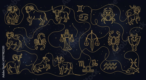 Zodiac Constellations - A Celestial Map of Astrological Signs.