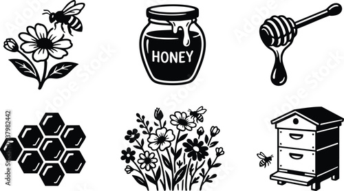 Black and white vector art set featuring honey jar dripping honey dipper bee flying near flowers honeycomb and wooden beehive illustration collection