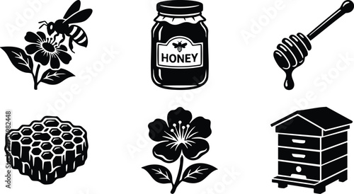 Black silhouette vector icons of bee collecting nectar from flower honey jar with label honey dripping honey dipper honeycomb pattern flower and beehive box