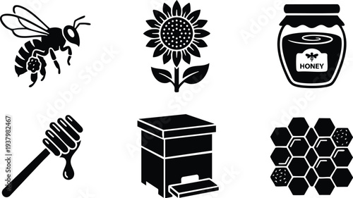 Black silhouette vector icons set showing honey bee flying with pollen sunflower flower honey jar dripping dipper wooden beehive and hexagonal honeycomb pattern on white background