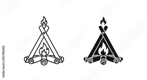 Two black and white campfire icons with logs and flames on a plain white background in a graphic illustration.