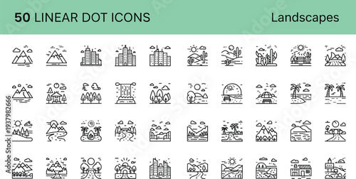 Large collection of fifty linear dot icons featuring various natural landscapes including mountains, forests, deserts, city skylines, and coastal beach scenes for travel designs.