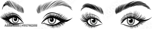 Professional Vector Set Of Beautiful Human Eye Illustrations Featuring Detailed Eyelashes And Perfectly Shaped Eyebrows