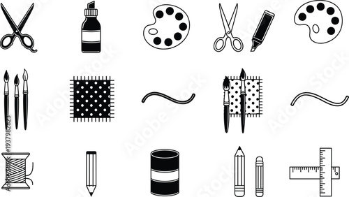 Set of art and craft tools icons including scissors paint palette brushes pencil and ruler in black silhouette isolated design