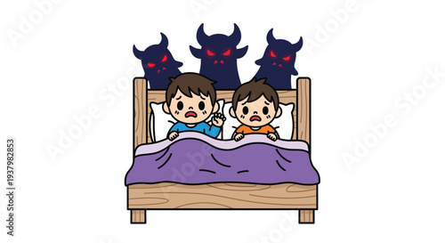 Two frightened children in bed with three black monsters looming behind them on a white background with a cartoonish and eerie mood.