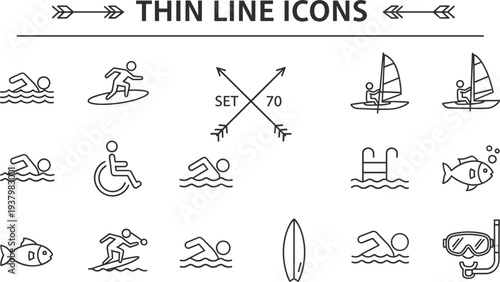 Large collection of black thin line icons featuring various water sports including swimming, surfing, windsurfing, diving, snorkeling, and nautical elements for summer vacation designs.