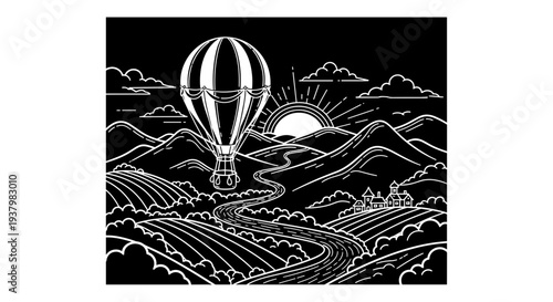 Black and White Hot Air Balloon Landscape.