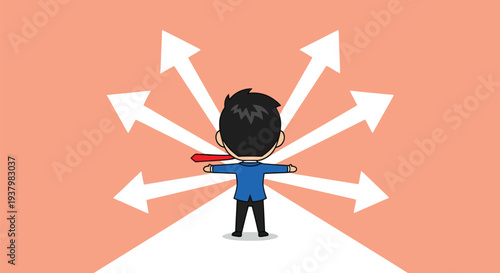 Illustration of a person standing at a crossroads with multiple arrows pointing in different directions, symbolizing choices and decisions in a conceptual scene.
