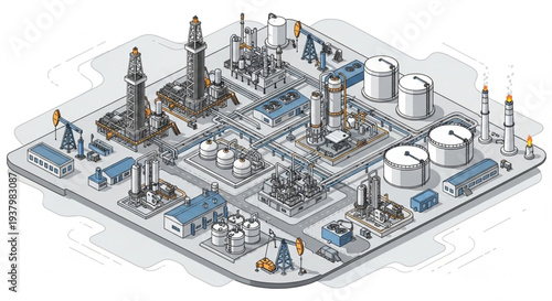 Isometric Illustration of an Oil Refinery Complex with Tanks.