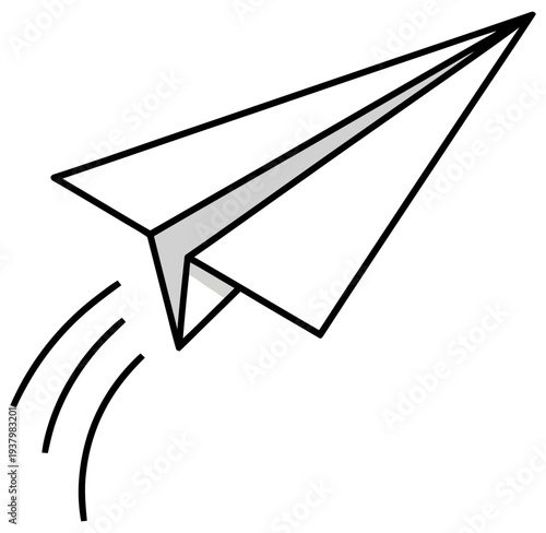 Paper airplane icon with black outline and motion waves isolated on transparent background
