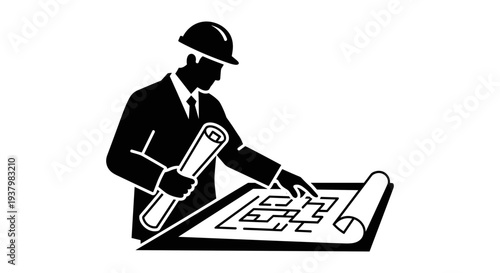 Engineer Examining Architectural Blueprint Design.