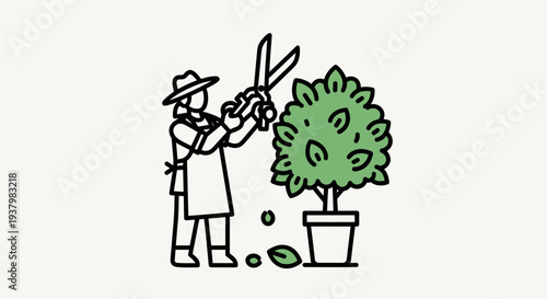 Gardener Pruning Potted Tree with Scissors.