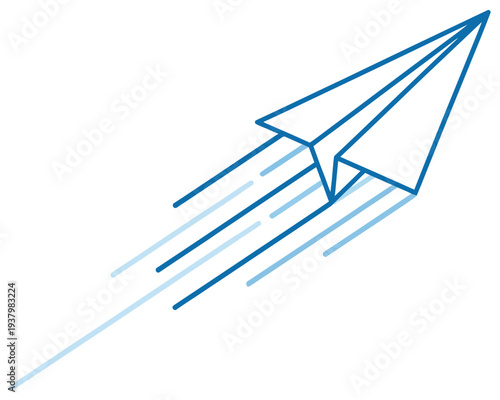 Paper airplane icon blue outline with speed motion lines isolated on transparent background