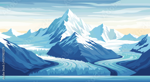 Iceberg Landscape with Snowy Mountains.