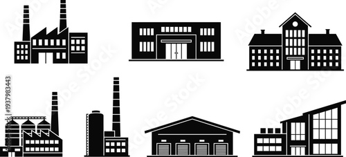 Set of black industrial building silhouettes including factories warehouses power plants and office structures isolated on white background for architecture and manufacturing design icons (25 words)