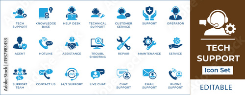 Tech support and customer service icon set featuring help desk, technical assistance, hotline, support, live chat, troubleshooting, repair, and call center operator symbols.