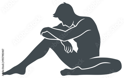 Silhouette of sad man sitting on floor with head down isolated on transparent background