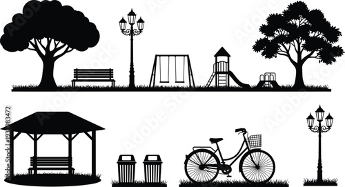 Set of Black Park and Outdoor Silhouettes Featuring Large Trees Garden Benches Street Lamps Playground Equipment a Gazebo and Bicycle for Landscape and Urban Design(25 words)