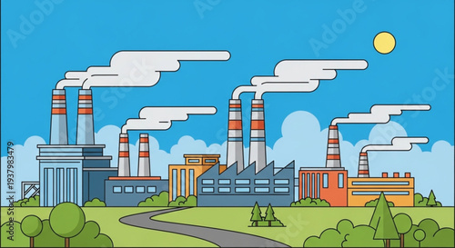 Industrial landscape with factories emitting smoke into the atmosphere.
