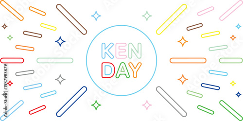 Colorful abstract design with Ken Day text in a circle surrounded by lines and stars
