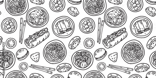 Hand drawn asian food seamless pattern . Whimsical food and drink doodles. Hand drawn vector illustration for menu, packaging design. Asian cuisine. Simple sketch style. Minimalist line art