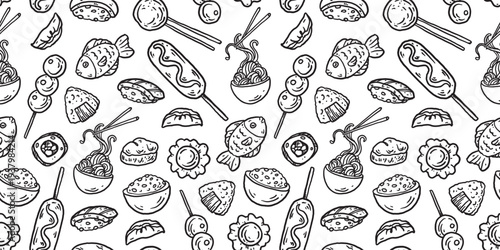 Hand drawn asian food seamless pattern . Whimsical food and drink doodles. Hand drawn vector illustration for menu, packaging design. Asian cuisine. Simple sketch style. Minimalist line art