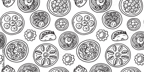 Hand drawn asian food seamless pattern . Whimsical food and drink doodles. Hand drawn vector illustration for menu, packaging design. Asian cuisine. Simple sketch style. Minimalist line art