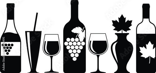 Black Silhouettes of Wine Bottles, Glasses, and Vase with Maple Leaf vector illustration