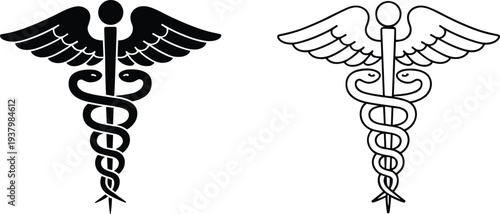 Caduceus Symbol in Silhouette and Outline illustration