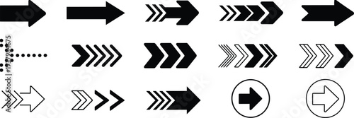 Collection of Arrow Icons in Various Styles and Directions on White Keywords: arrow, direction, pointer, navigation, right
